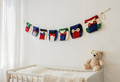 Decorative handmade wall banner woodland characters, upcycled from premium wool striped blankets. Best for minimalistic home decor and scandinavian interior.