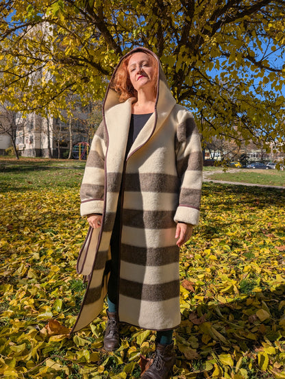 Statement indigenous coat with natural beige and brown stripes, upcycled from a handwoven undyed wool blanket.