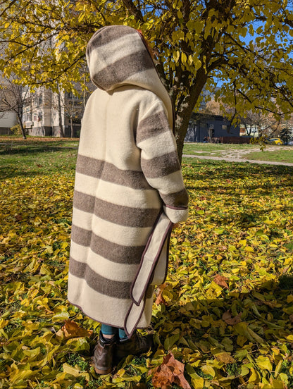 Warm, loose beige vintage coat with natural brown stripes and an optional belt, tailored from artisan handwoven pure wool blanket.