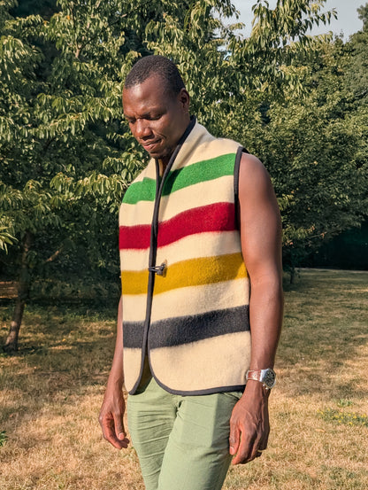 Man wearing sleeveless woolen jacket or woolen vest out in a park setting