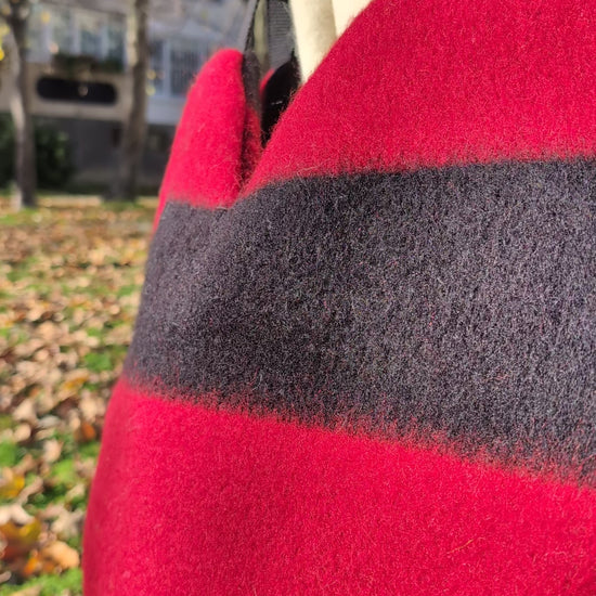 video of a large red heart shoulder ag or tote bag recycled from a luxurious traditional woolen blanket.
