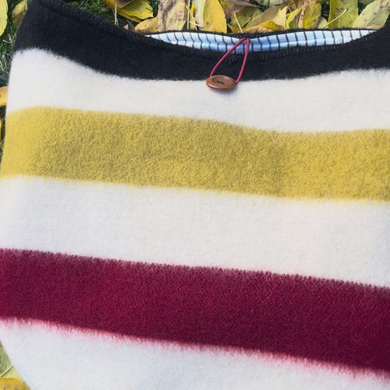 Video of a stylish functional statement tote bag with multicolor stripes, made from premium 100 percent wool blanket cuts.