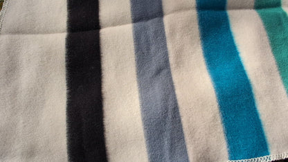 video of handspun virgin wool blanket with stripes in blue gray and green tones.