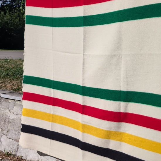 a video showing a multi-striped cabin blanket made of 100 percent eco wool with natural processing and coloring. 