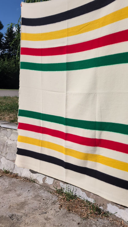a video showing a multi-striped cabin blanket made of 100 percent eco wool with natural processing and coloring. 