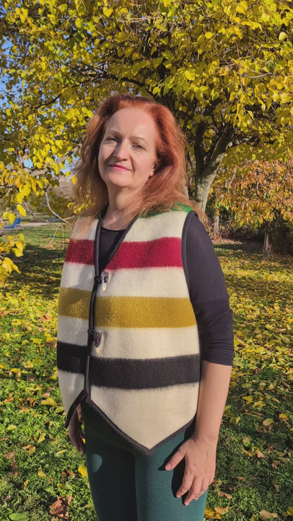 Video of a woman showcasing a wool stripe blanket vest, made-to-order and upcycled from a locally  handwoven wool blanket.